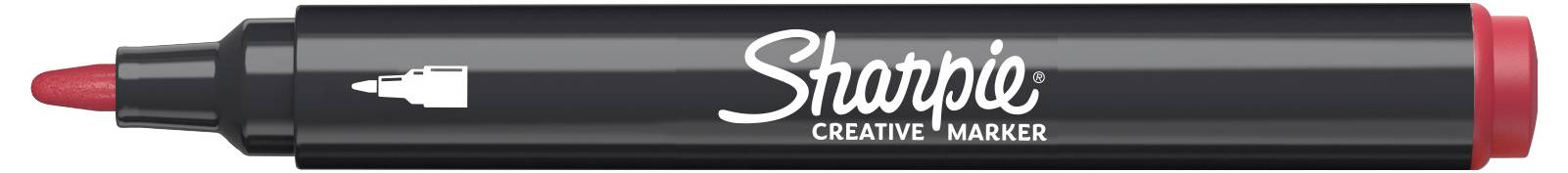 Black Sharpie Creative Marker mit roter Kappe und roter Schrägspitze, beschriftet mit „Sharpie