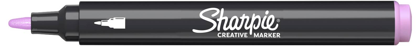 Schwarzer Sharpie Kreativmarker mit rosa Kappe und Spitze, horizontal auf weißem Hintergrund dargestellt.