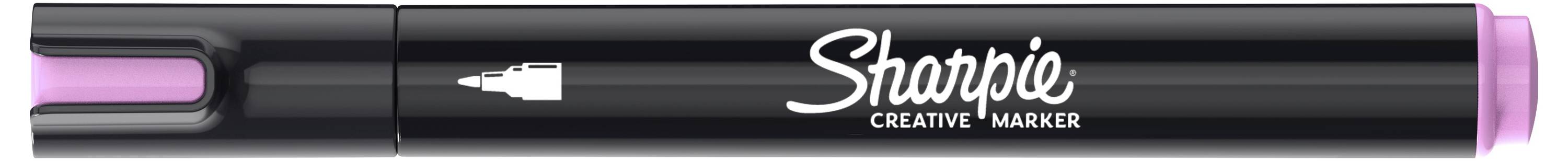 Ein schwarzer Sharpie Creative Marker mit rosa Kappe und rosa Meißelspitze, horizontal auf weißem Hintergrund dargestellt.