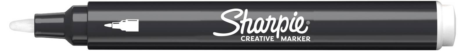 Schwarzer Sharpie Creative Marker mit weißer Kappe, horizontal auf weißem Hintergrund dargestellt.
