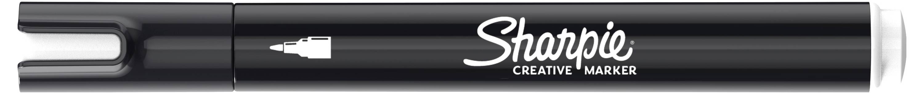 Ein schwarzer Sharpie Creative Marker mit Keilspitze, horizontal auf weißem Hintergrund dargestellt.