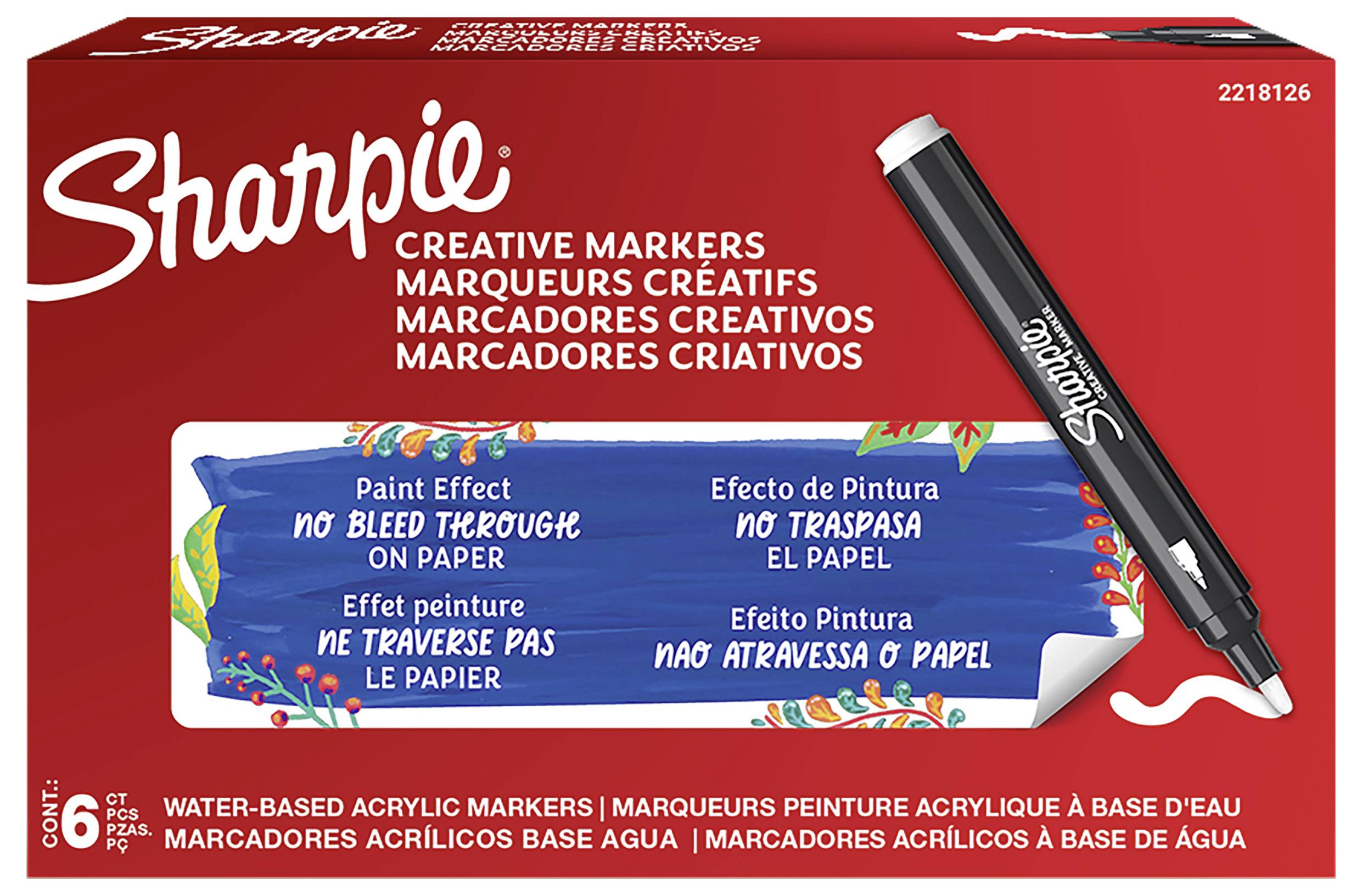 Schachtel mit Sharpie Creative Markers mit einem schwarzen Marker auf der roten Verpackung; das Etikett besagt „Paint Effect