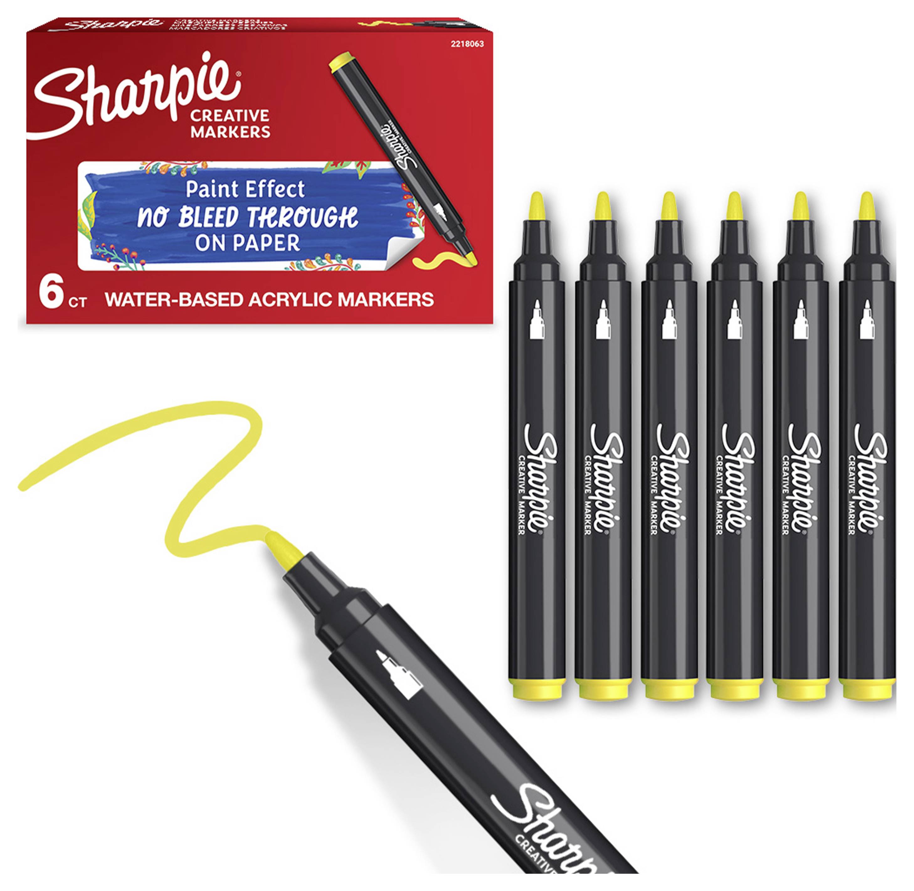 Sharpie Creative Markers Verpackung mit 6 schwarzen wasserbasierten Acrylmarkern mit gelben Spitzen, plus eine gelbe Musterlinie und ein „kein Durchbluten auf Papier