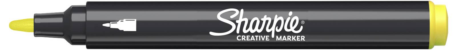Ein schwarzer Sharpie Creative Marker mit einer gelben Meißelspitze und einer gelben Kappe, horizontal auf weißem Hintergrund dargestellt.