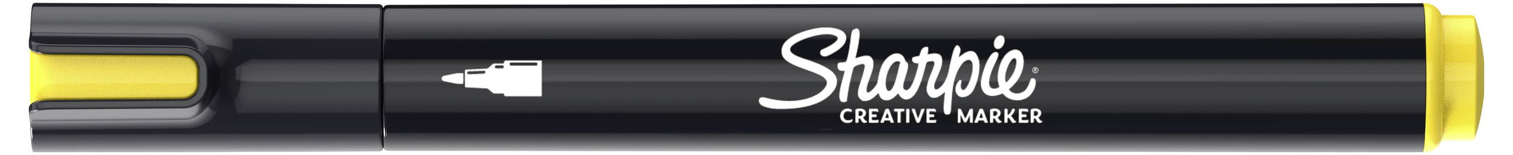 Schwarzer Sharpie Creative Marker mit gelbem Verschluss und Spitze, horizontal auf weißem Hintergrund dargestellt.