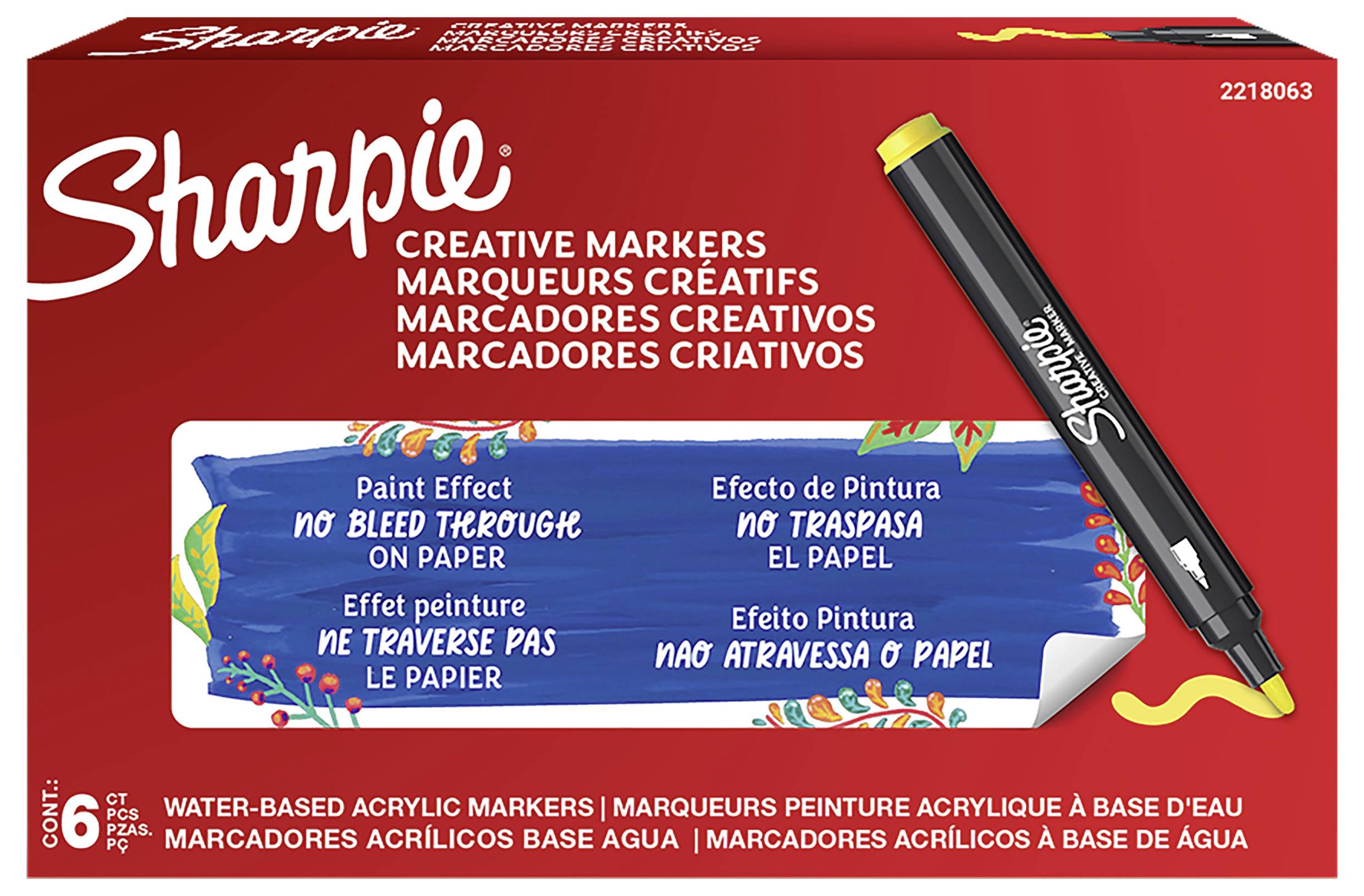 Schachtel mit Sharpie Creative Markers, 6er Set, mit einem schwarzen Paintmarker auf einer roten Verpackung mit den Aufschriften „Paint Effect