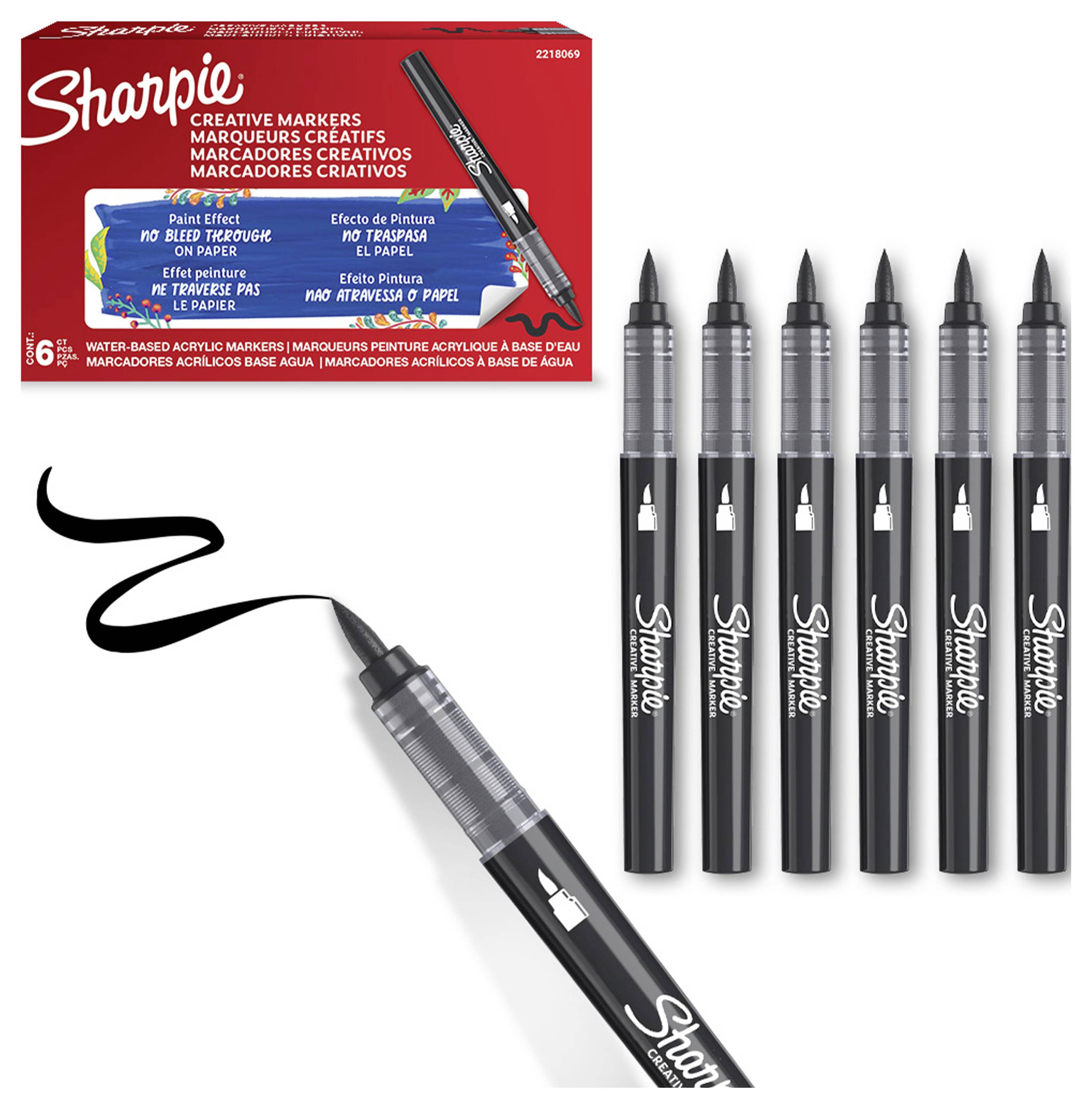 Sharpie Creative Markers Display: ein schwarzer Marker zeichnet eine dicke geschwungene Linie, sechs Marker stehen aufrecht, und Produktverpackung zeigt 