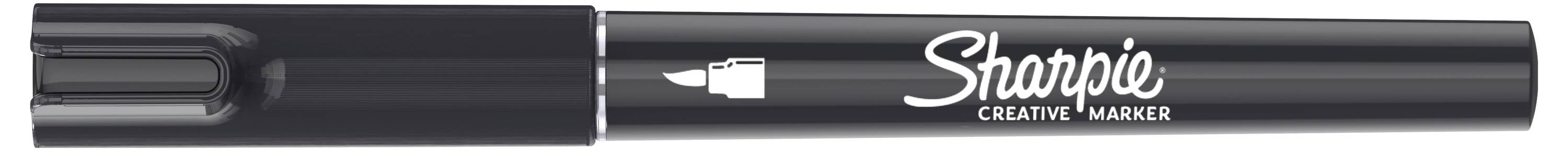 Ein schwarzer Sharpie Creative Marker Stift, horizontal dargestellt, mit der Kappe auf der linken Seite und dem Sharpie-Logo sowie Text auf dem Schaft.