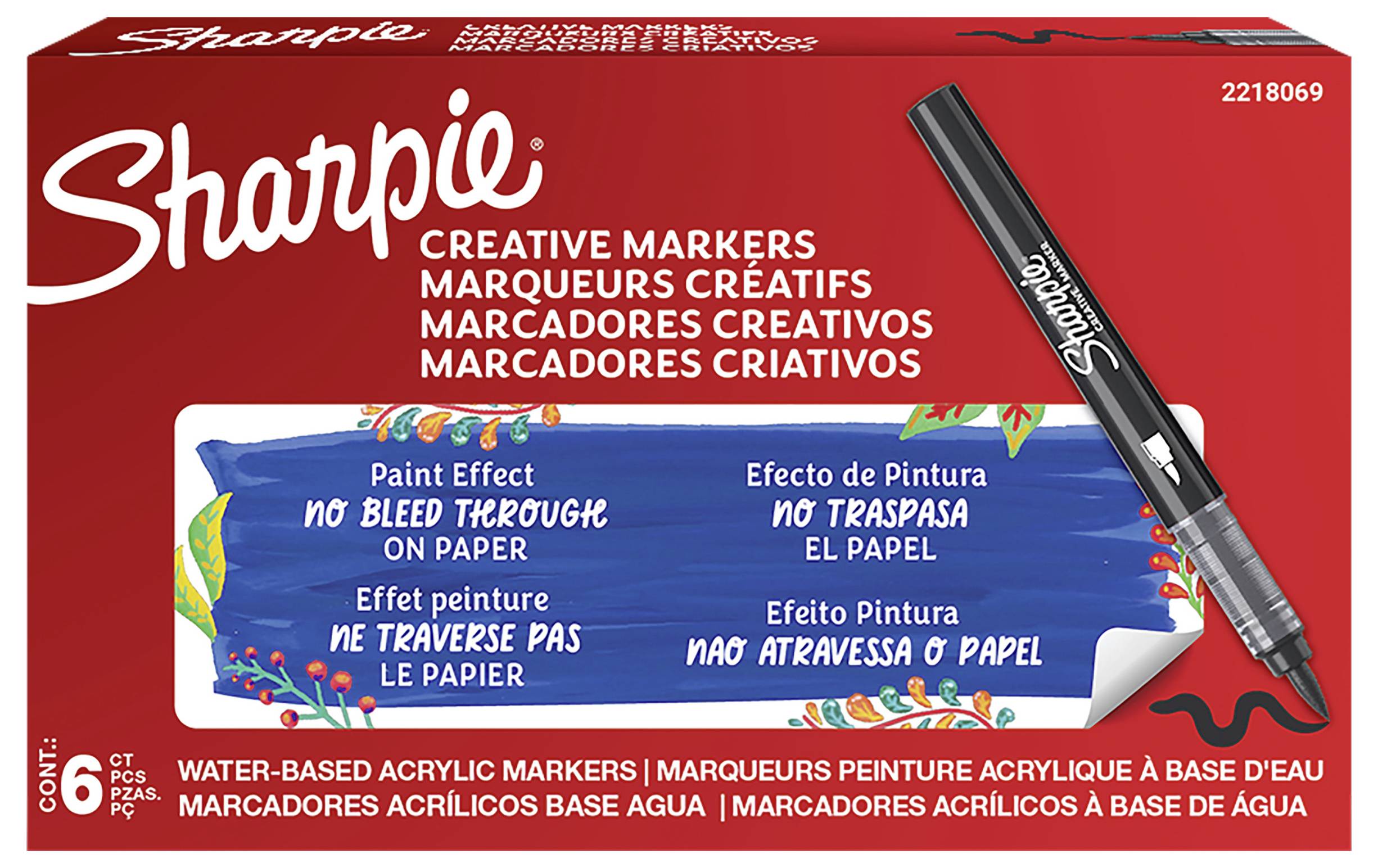 Schachteln mit Sharpie Creative Markers, 6er-Pack, mit einem schwarzen Marker auf der Vorderseite und mehrsprachigem Text, der die Wirkung von wasserbasierten Acrylfarben bewirbt und kein Durchbluten auf Papier.