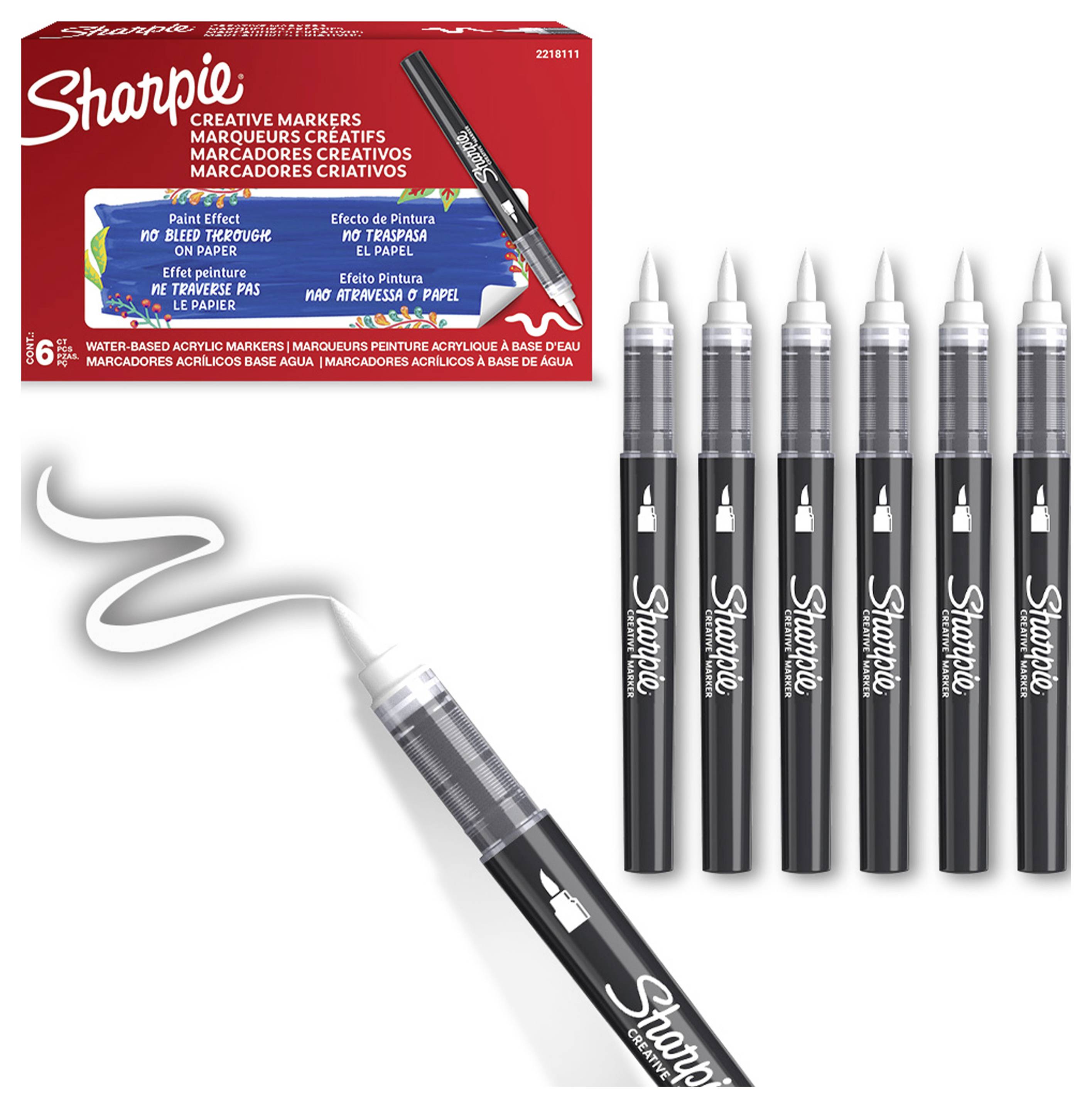 Sharpie Creative Markers Verpackung mit sechs schwarzen Lackmarkern und einem Mustermuster mit weißem Wirbel, das die deckende Lackwirkung auf Papier zeigt.