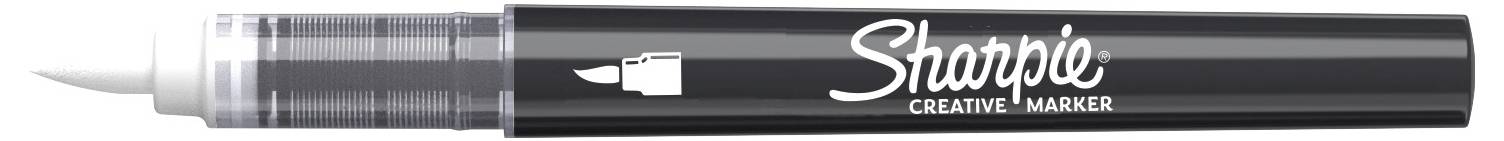 Ein schwarzer Sharpie-Kreativmarker mit transparenter Kappe und silberner Spitze, horizontal auf weißem Hintergrund dargestellt.