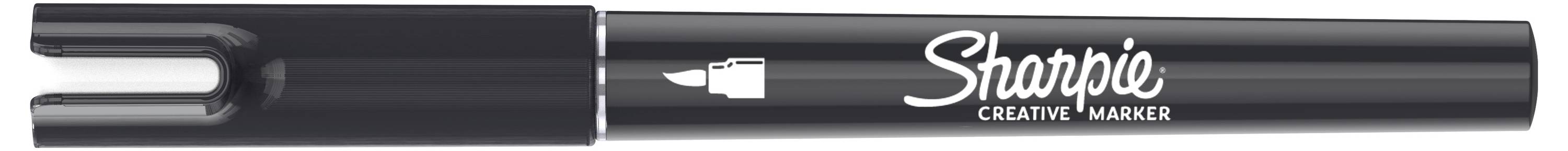 Schwarzer Sharpie Kreativmarker mit Keilspitze und abnehmbarer Kappe, dargestellt in Seitenansicht auf weißem Hintergrund.