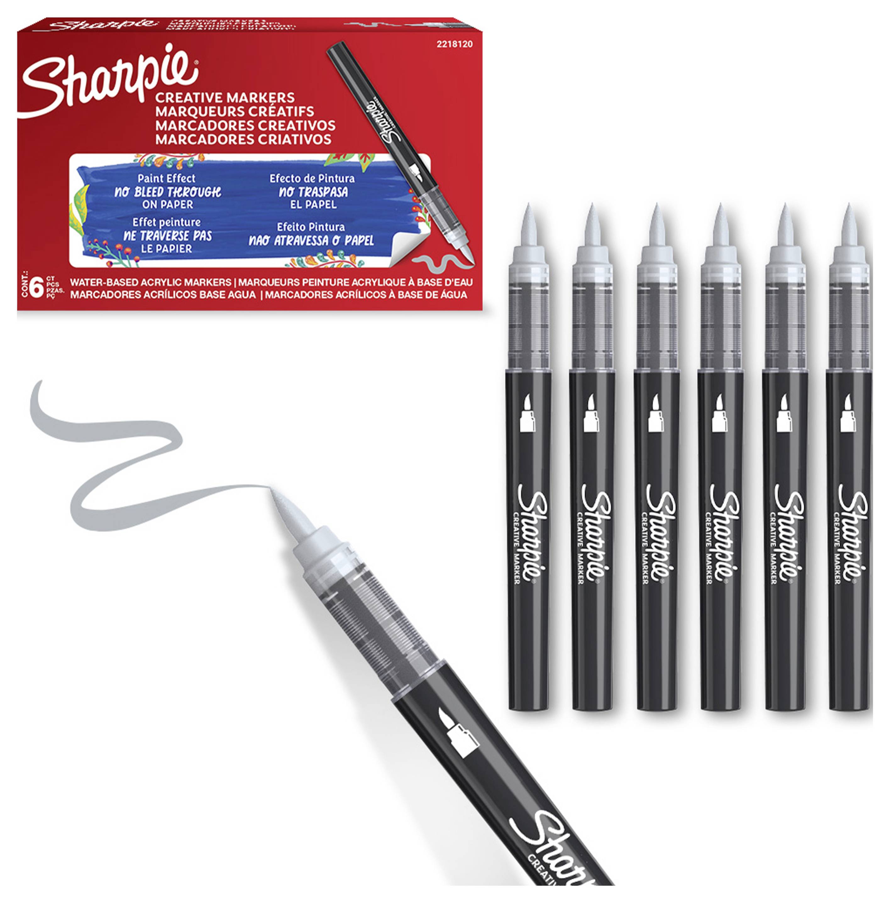 Sharpie Creative Markers Acrylmaler, dargestellt als Sechserpack mit einem Marker, der einen grauen Pinselstrich zeichnet, und sechs Markern, die aufrecht stehen.