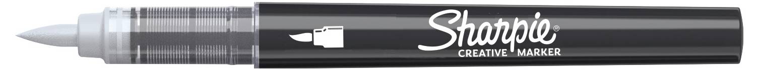 Ein schwarzer Sharpie-Kreativmarker mit transparenter Spitze und silberner Kappe, horizontal auf weißem Hintergrund dargestellt.