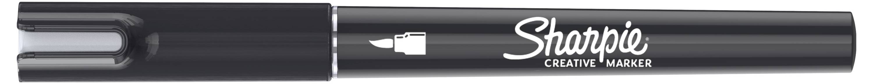 Schwarzer Sharpie Kreativmarker mit weißem Logo und Kappe, horizontal auf weißem Hintergrund dargestellt.