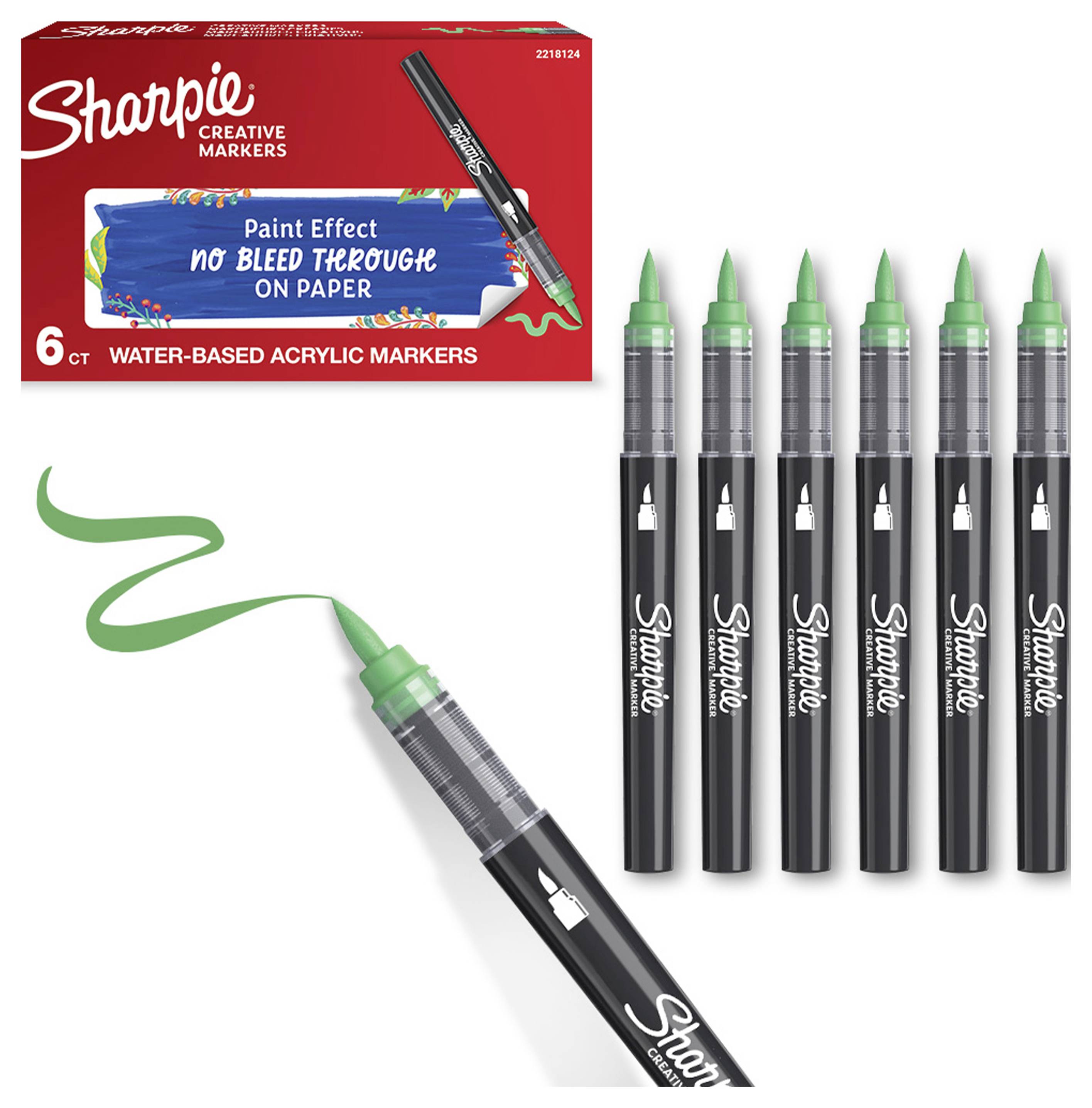 Produktbild von sechs Sharpie Creative Markers mit grünen Spitzen und einem Marker, der eine grüne Linie zeichnet, mit der Verpackung „Paint Effect