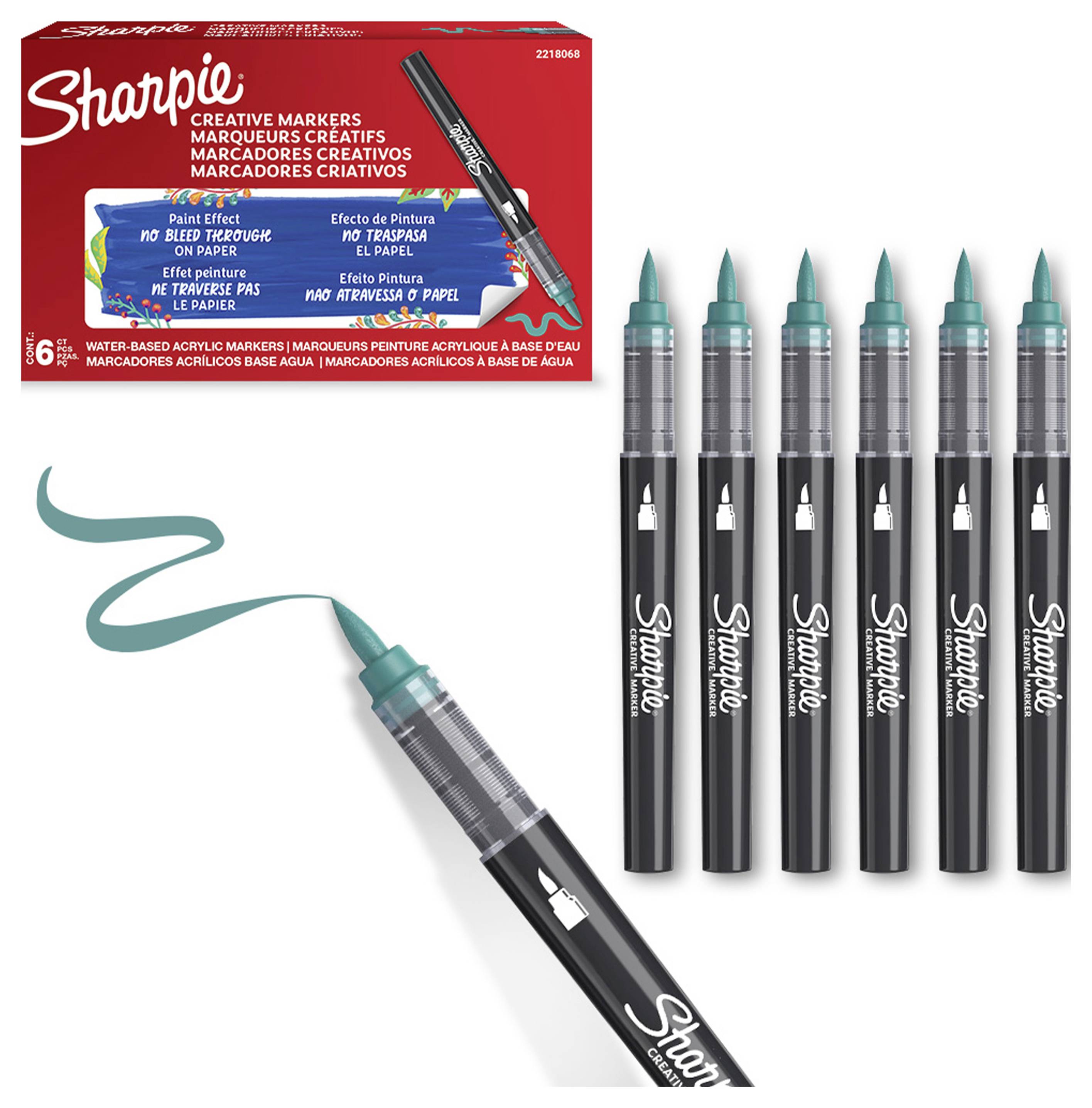 Produktbild von Sharpie Creative Markers, das sechs schwarze Marker mit türkisen Spitzen zeigt und einen türkisen Farbstrich von einem Marker; auf der Schachtel wird behauptet „Keine Durchschlag