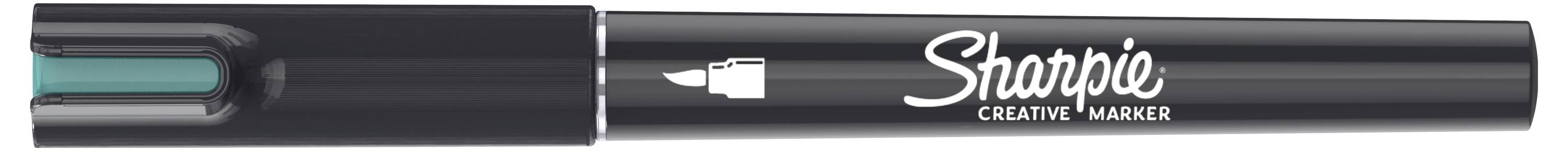 Schwarzer Sharpie Creative Marker-Stift mit türkisfarbener Kappe am Ende und weißem Logo auf dem Schaft.