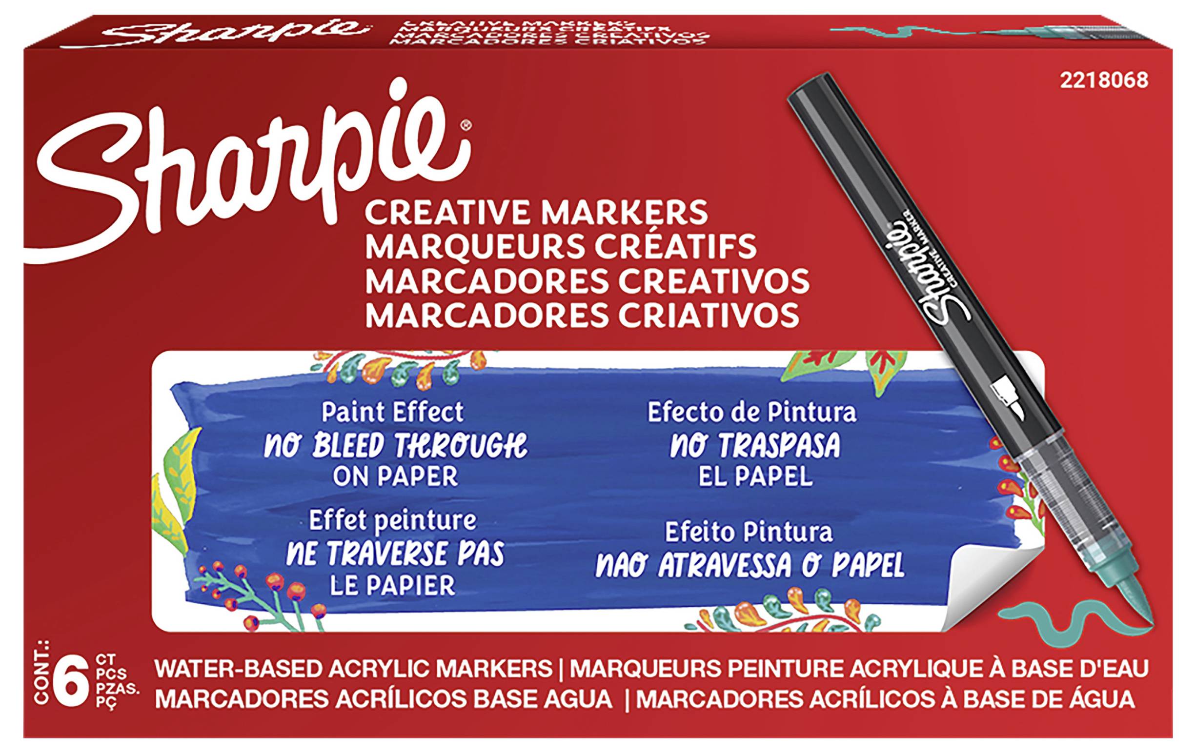 Sharpie Creative Markers Verpackung zeigt einen schwarzen Marker und ein blaues Etikett mit der Aufschrift 
