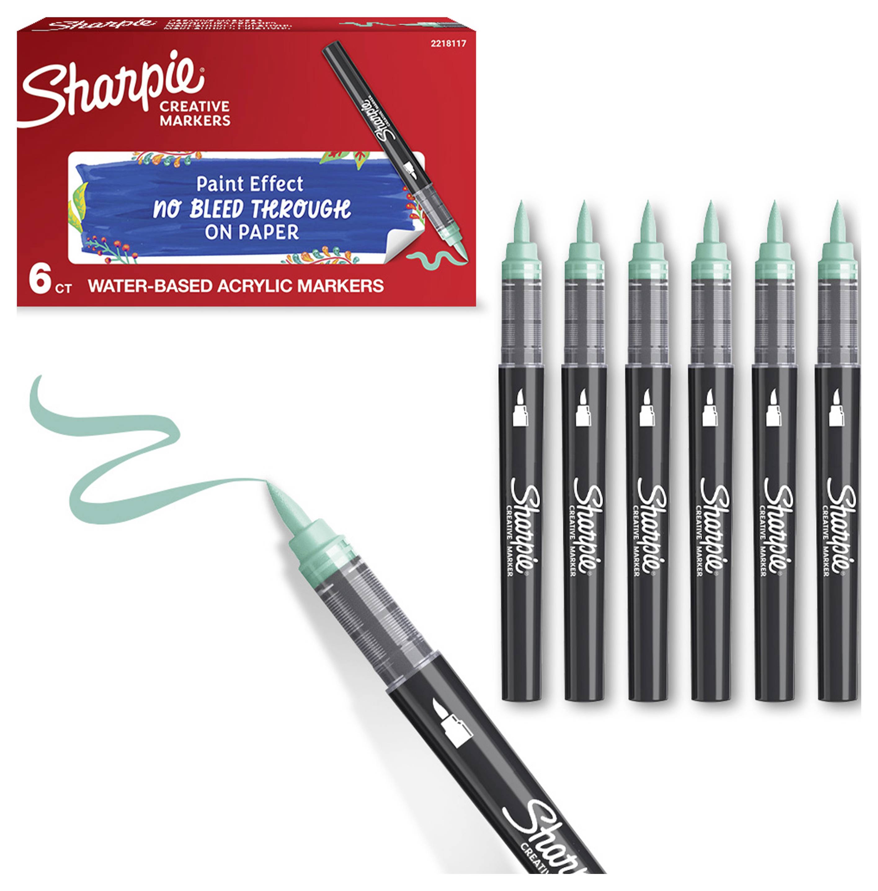 Sharpie Creative Markers-Packung und sechs schwarze wasserfarbige Acrylmarker mit mintfarbenen Spitzen, plus eine Zeichnung eines mintfarbigen Farbstrichs.