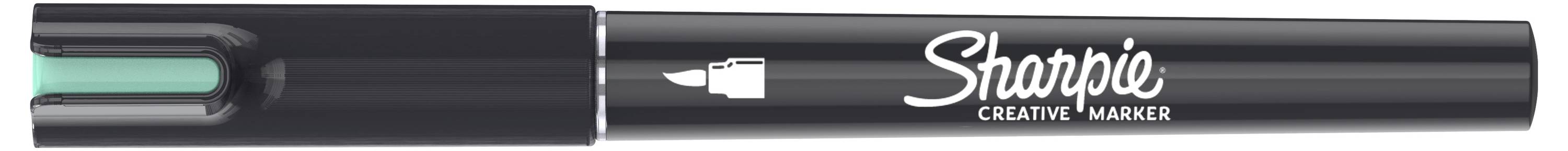 Ein schwarzer Sharpie Creative Marker Stift mit türkisfarbener Kappe und dem Sharpie-Logo auf dem Schaft.