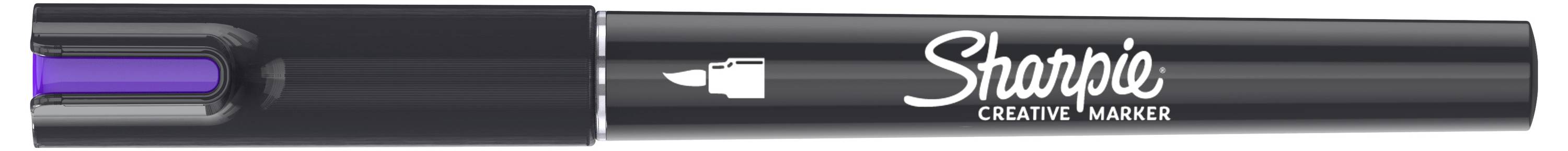 Schwarzer Sharpie Kreativmarker mit violetter Keilspitze, gezeigt in seiner Fass- und Kappe-Verpackung.