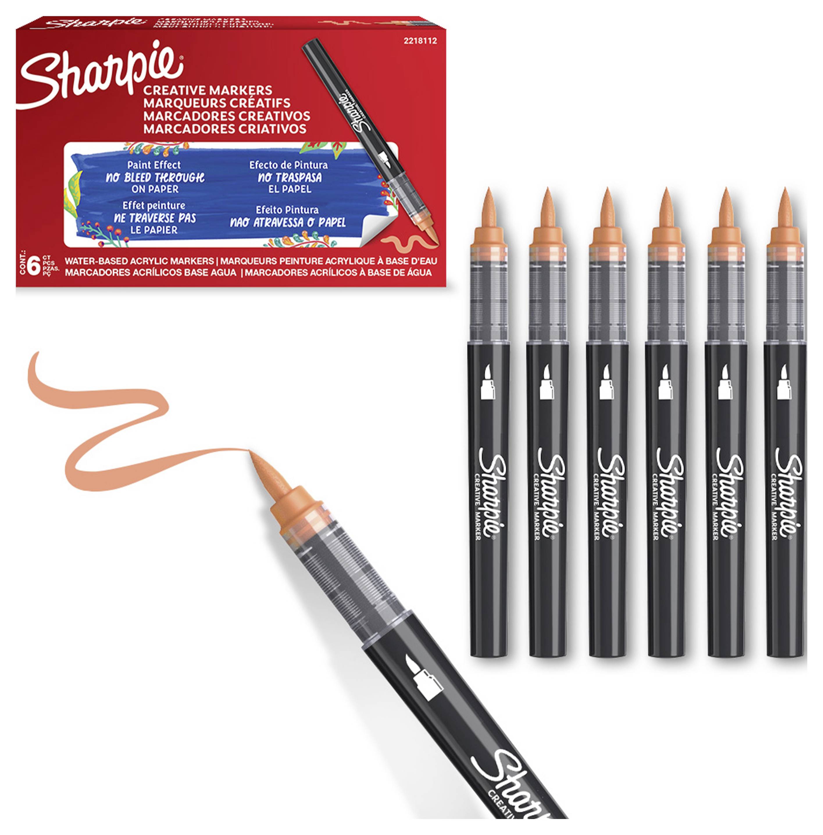 Sharpie Creative Marker 6er-Pack mit roter Verpackung, mit sechs schwarzen Markern und einem, der einen orangefarbenen Pinselstrich zeichnet.