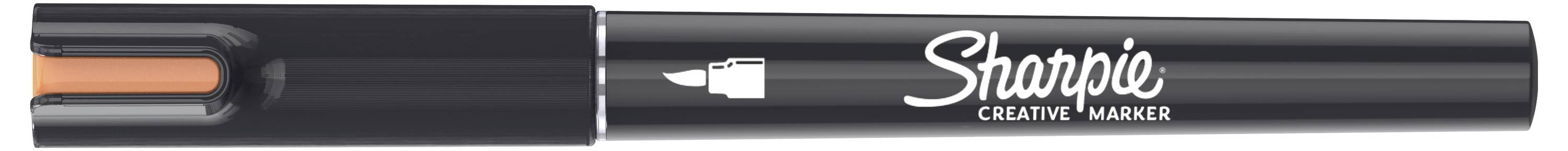 Schwarzer Sharpie Kreativmarker mit orangefarbener Kappe und weißem Logo, horizontal auf weißem Hintergrund dargestellt.