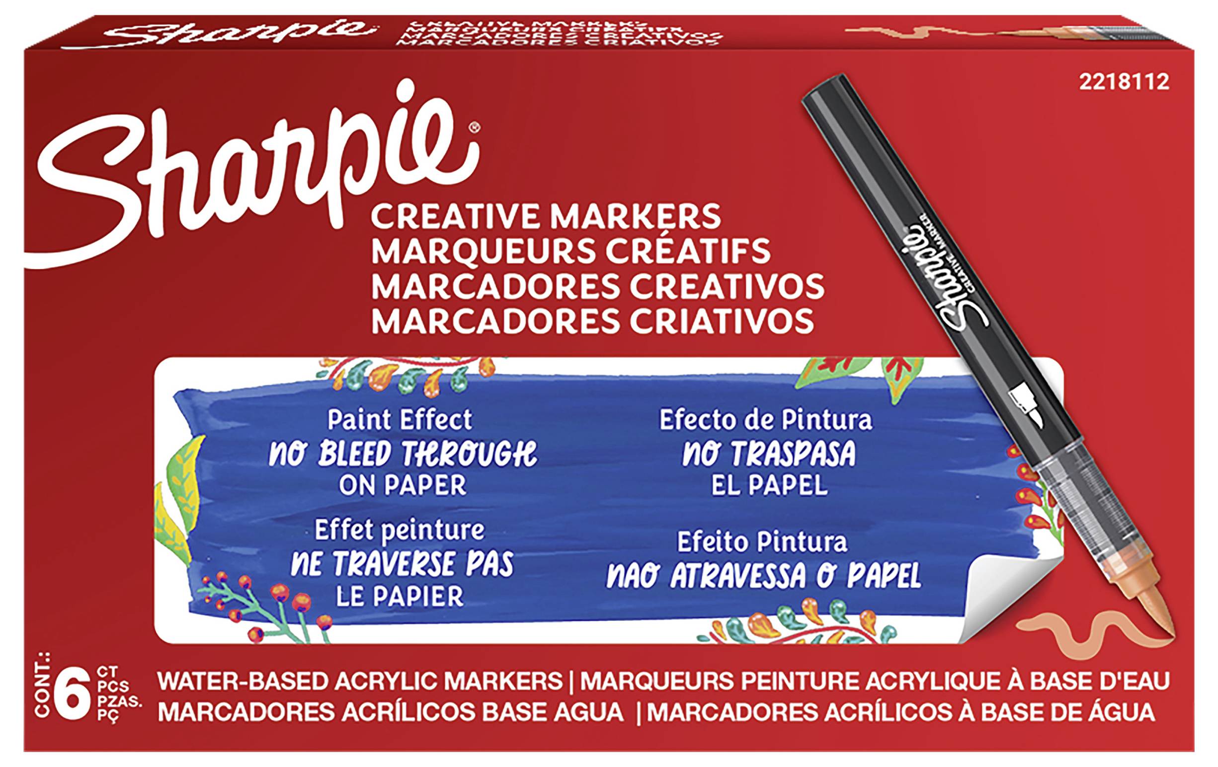 Sharpie Creative Markers-Packung mit einem schwarzen Marker und Etikett, das wasserbasierten Acryl-Marker mit Maleffekt und kein Durchbluten auf Papier bewirbt.