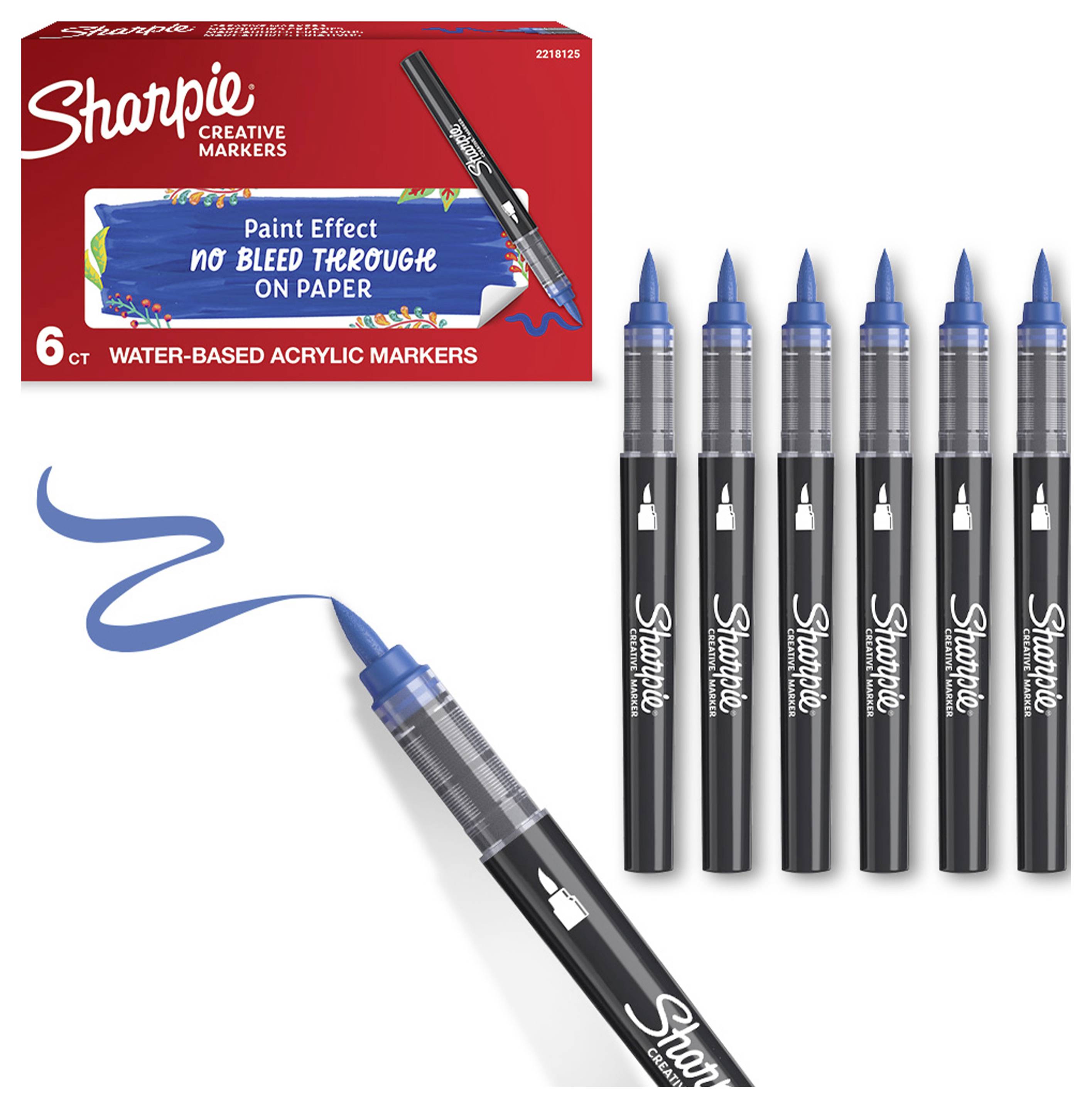 Sharpie Creative Markers 6er-Pack wasserbasierte Acrylmarker; einer zeichnet eine blaue, farbstoffähnliche Linie, mit sechs Markern und Verpackung abgebildet.