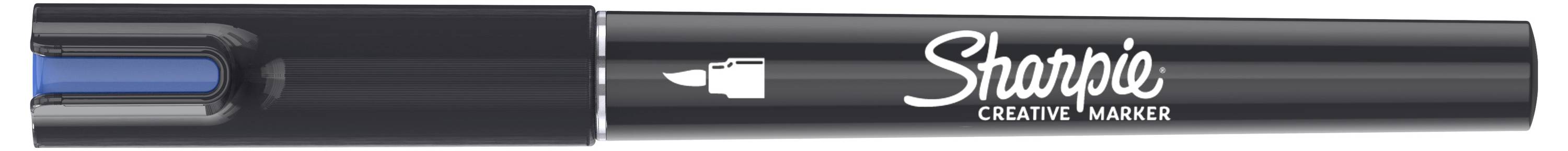 Schwarzer Sharpie Creative Marker Stift, horizontal angeordnet, mit blauer Kappe auf der linken Seite und dem Sharpie-Logo auf dem Schaft.