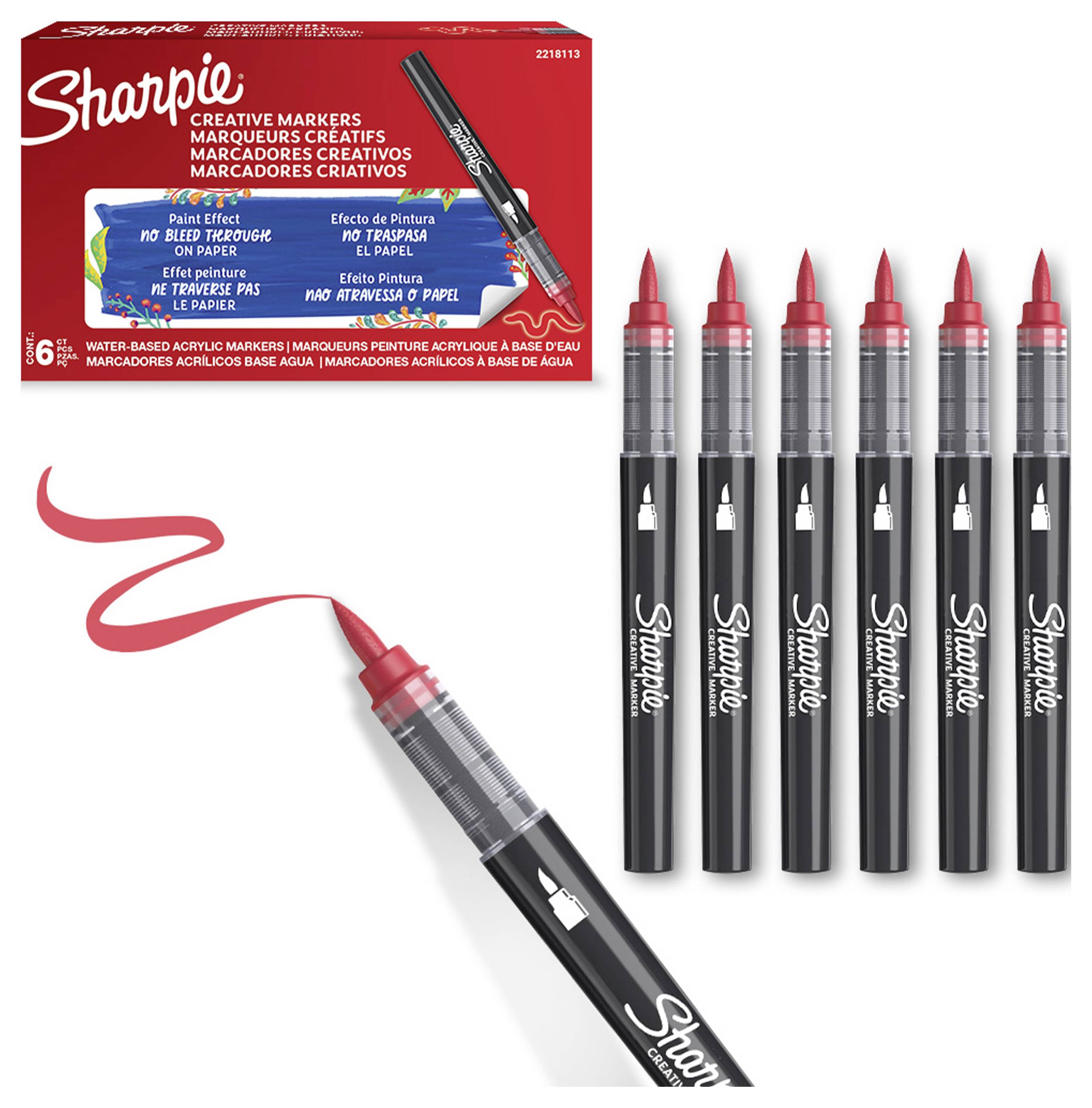 Sharpie Creative Markers Sechserpack mit roten Feinspitzern, dargestellt in der Verpackung und als einzelne schwarze Marker, die einen roten Farbstrich machen.