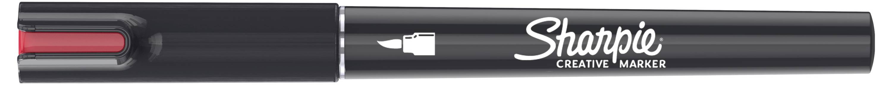 Schwarzer Sharpie Kreativmarker mit roter Kappe und sichtbarem weißem Sharpie-Logo auf dem Schaft.