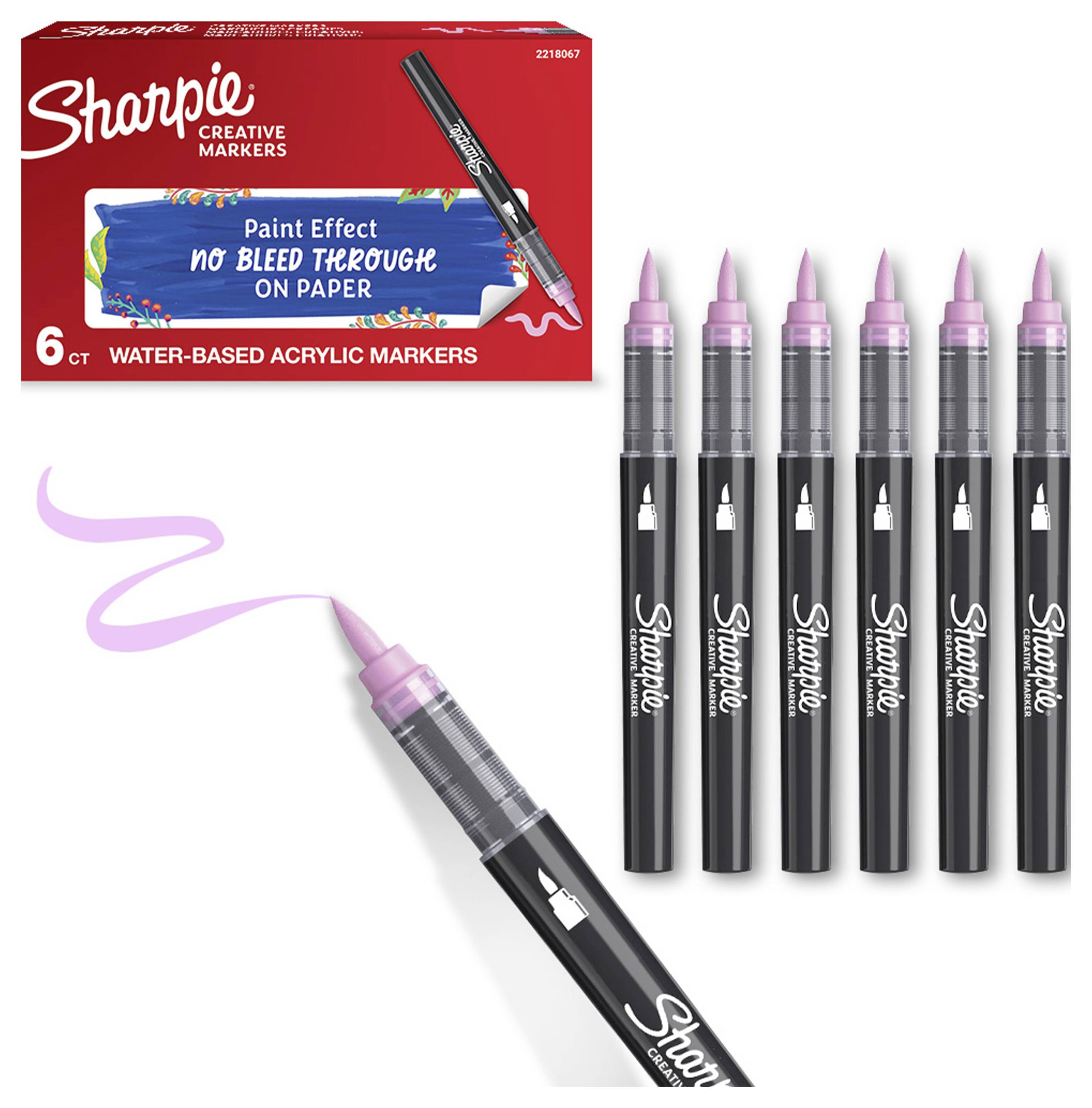 Sharpie Creative Markers 6er-Set in Rosa, dargestellt mit Verpackung, sechs Markern und einem Beispiel-Pinselstrich mit Rosa-Farbeffekt.