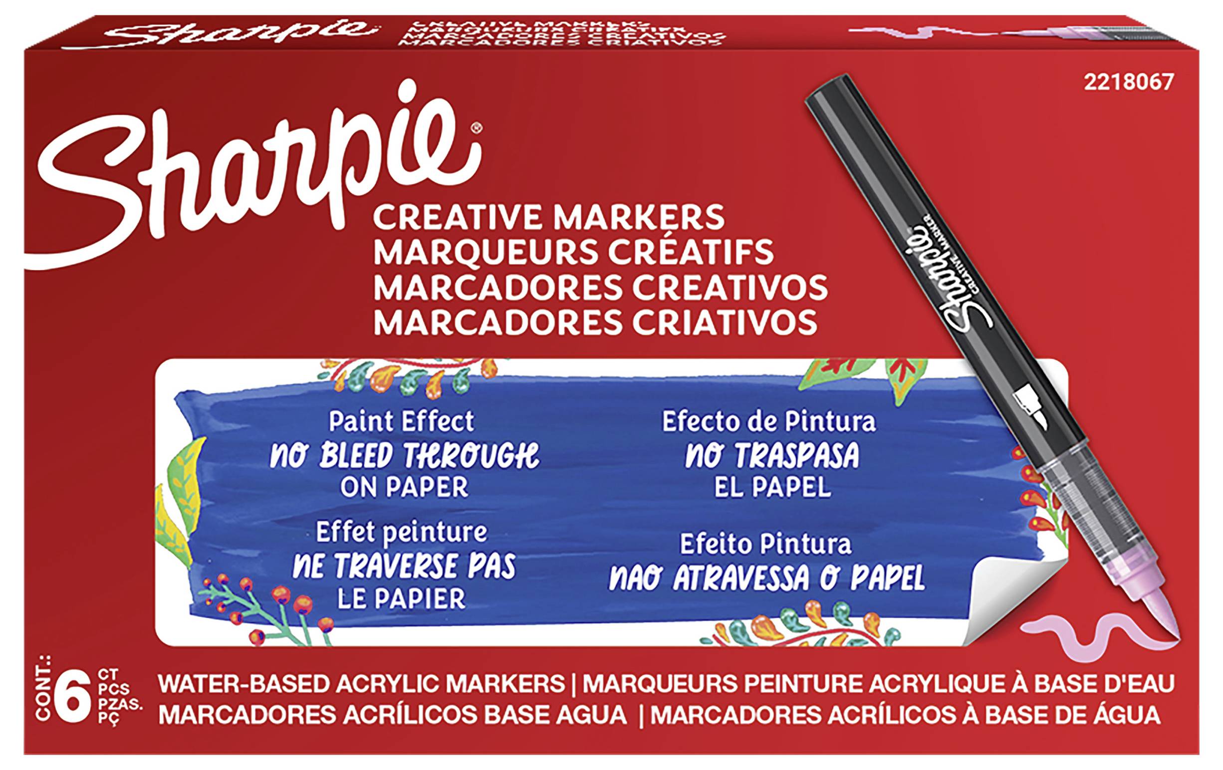 Sharpie Kreativmarker 6er Pack, wasserbasierte Acrylmarker ohne Durchbluten auf Papier, dargestellt in mehrsprachiger Verpackung.