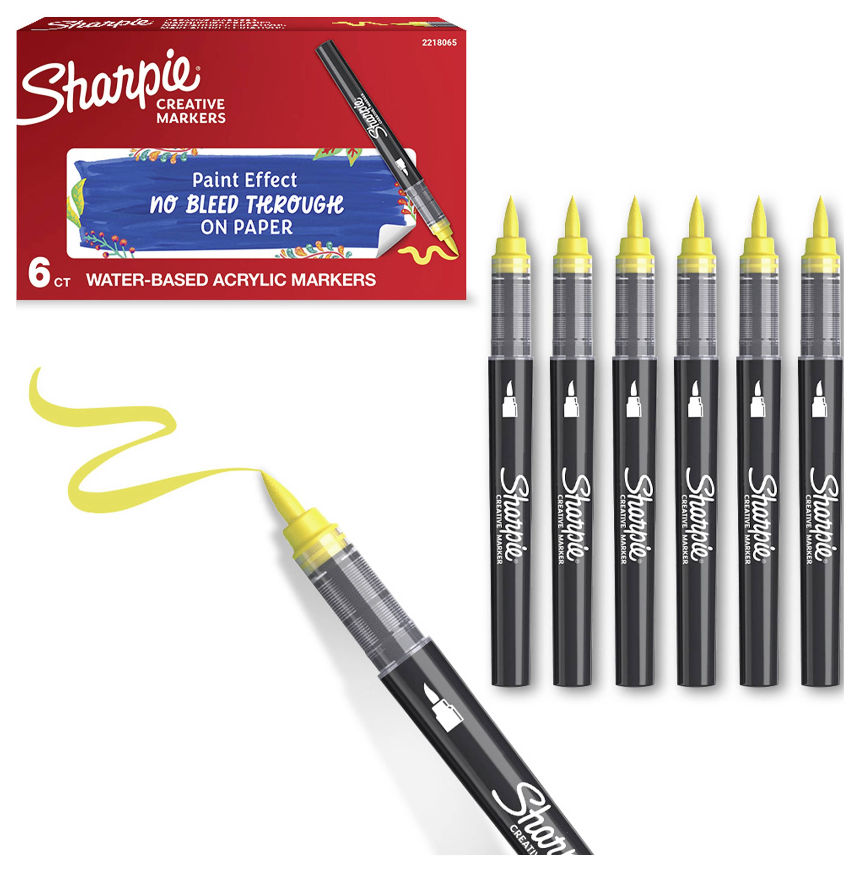 Produktbild von Sharpie Creative Markern: rote 6er-Packung, sechs schwarze Marker mit gelben Spitzen und ein Marker, der eine gelbe Linie zeichnet.