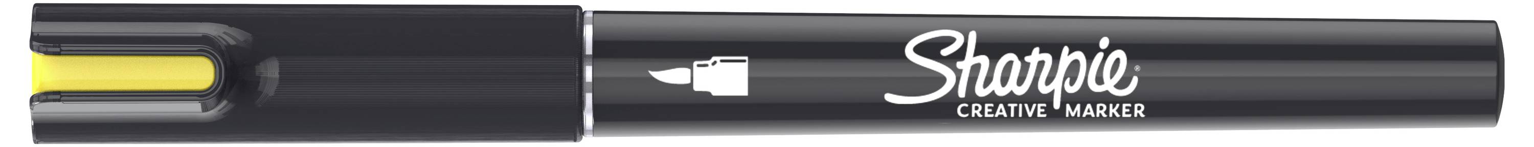 Schwarzer Sharpie Kreativmarker mit gelbem Meißel-Spitze, abgebildet in der Verpackung mit dem Sharpie-Logo.