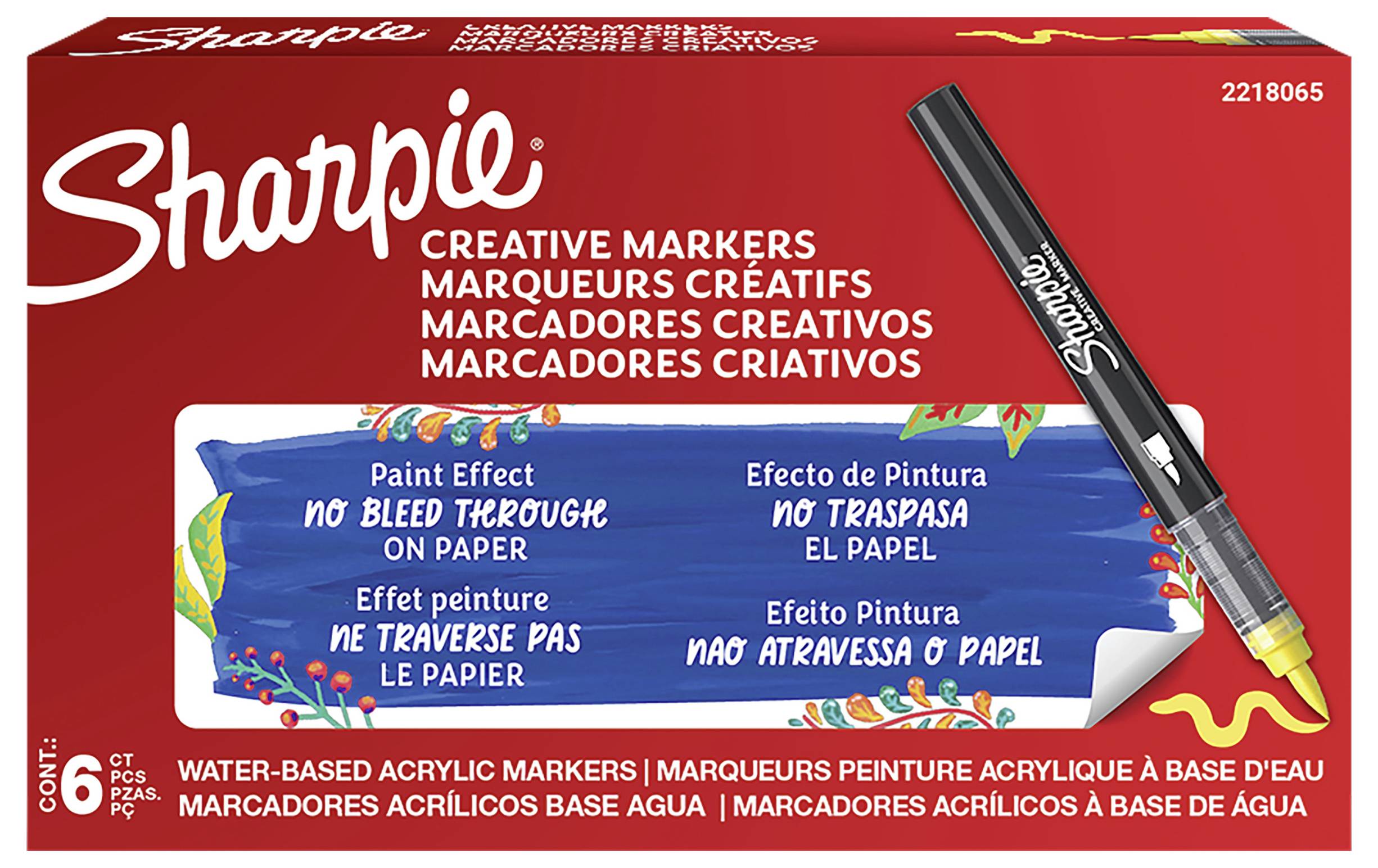 Schachtel mit Sharpie Creative Markers, 6er-Pack, mit schwarzem Marker und Verpackungstext in mehreren Sprachen.
