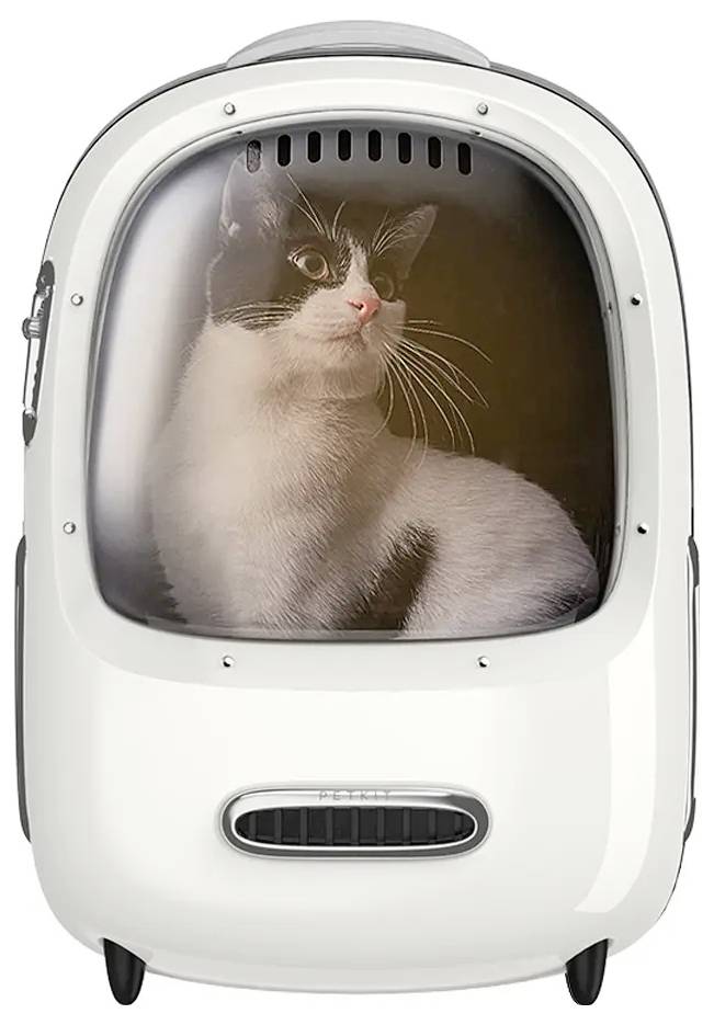 Schwarz-weiße Katze in einem weißen futuristischen Tierträger oder Rucksack, schaut durch ein klares Frontfenster hinaus.