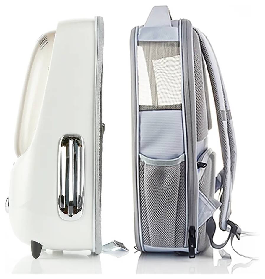 Hartschalenkofferrucksack in Vorder- und Seitenansicht mit Mesh-Seitentaschen und gepolsterten Trägern, der sein hybrdes Gepäck-Rucksack-Design hervorhebt.