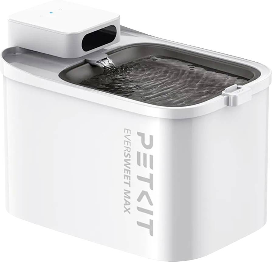 Weiße PETKIT Eversweet Max Haustier-Wasserschale mit Obertank und fließendem Wasser in einem rechteckigen Becken.