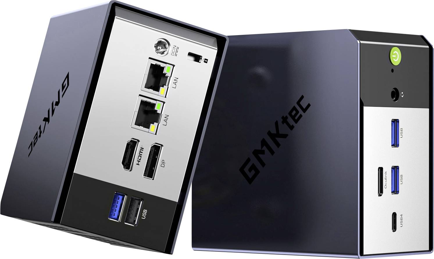 Kompakter GEEKTEC Mini-PC von zwei Seiten gezeigt, mit sichtbaren Ethernet-, HDMI-, USB-A-, USB-C- und Power-Button-Anschlüssen auf der Vorder- und Seitenseite.