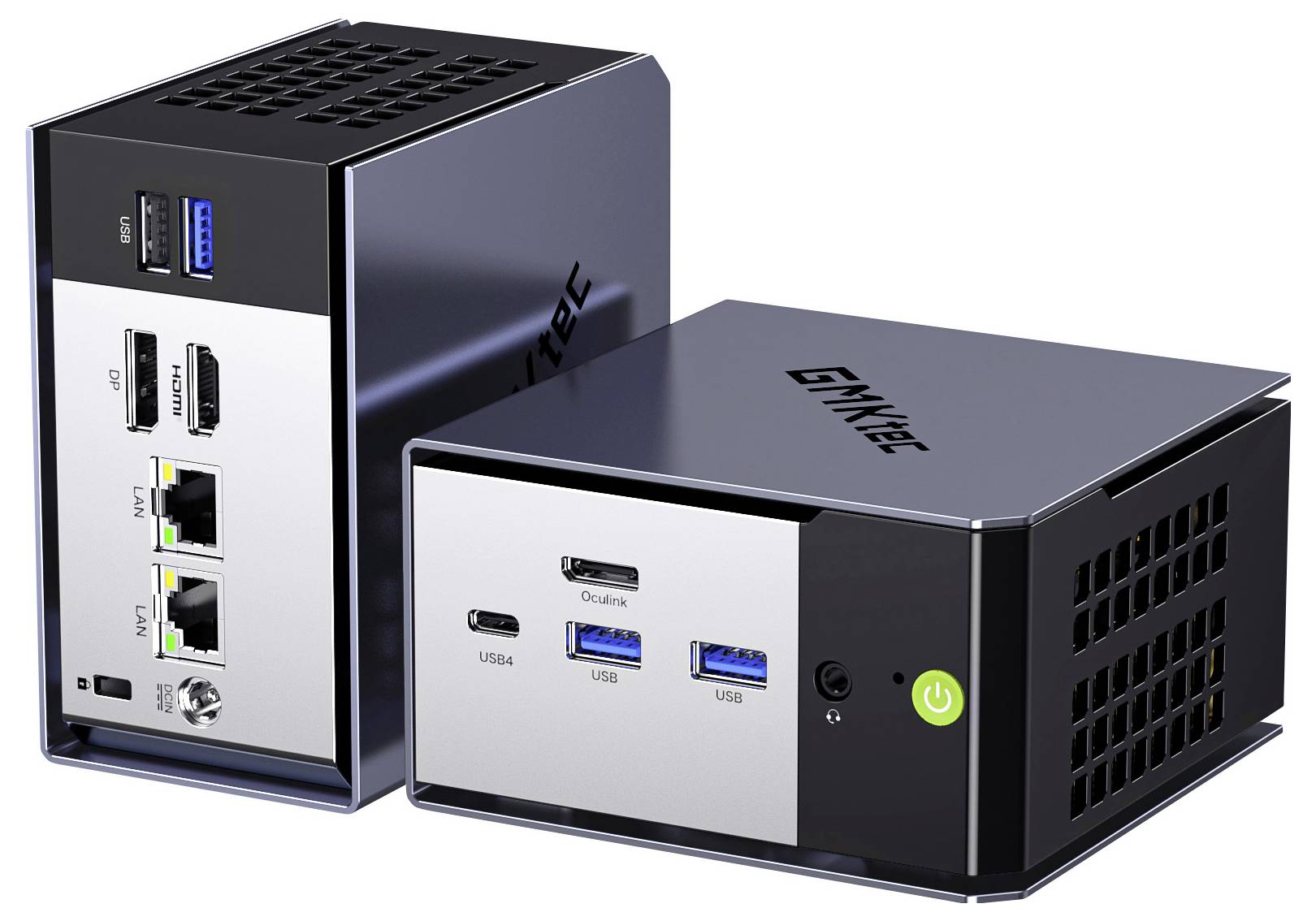 Zwei kompakte schwarze Mini-PCs, einer aufrecht und einer liegend, mit Frontanschlüssen einschließlich USB, Ethernet und Netzschalter.