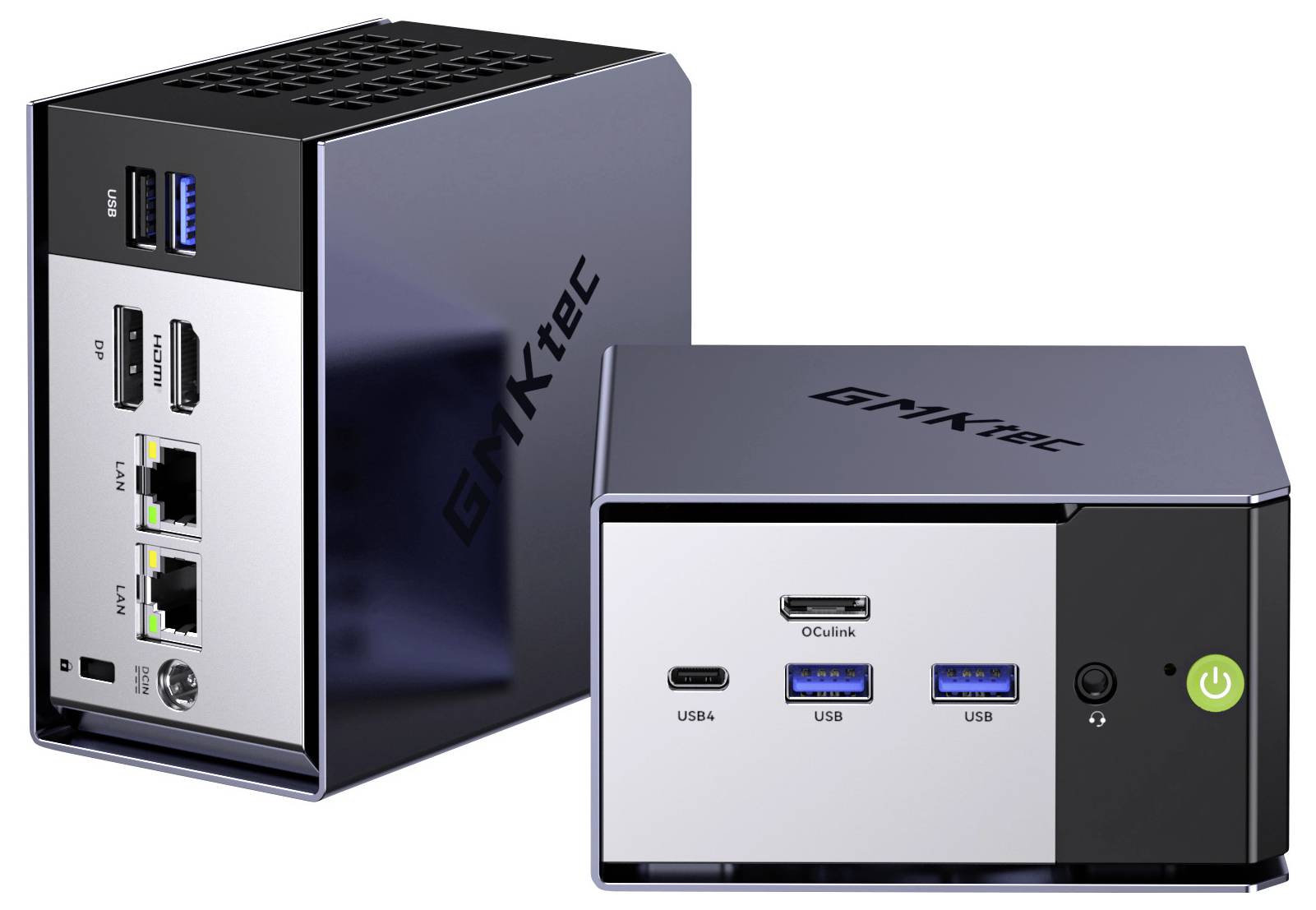 Zwei kompakte GMKtec Mini-PCs in Schwarz und Silber, die Vorder- und Seitenports zeigen, einschließlich USB, HDMI, Ethernet und Netztaste.