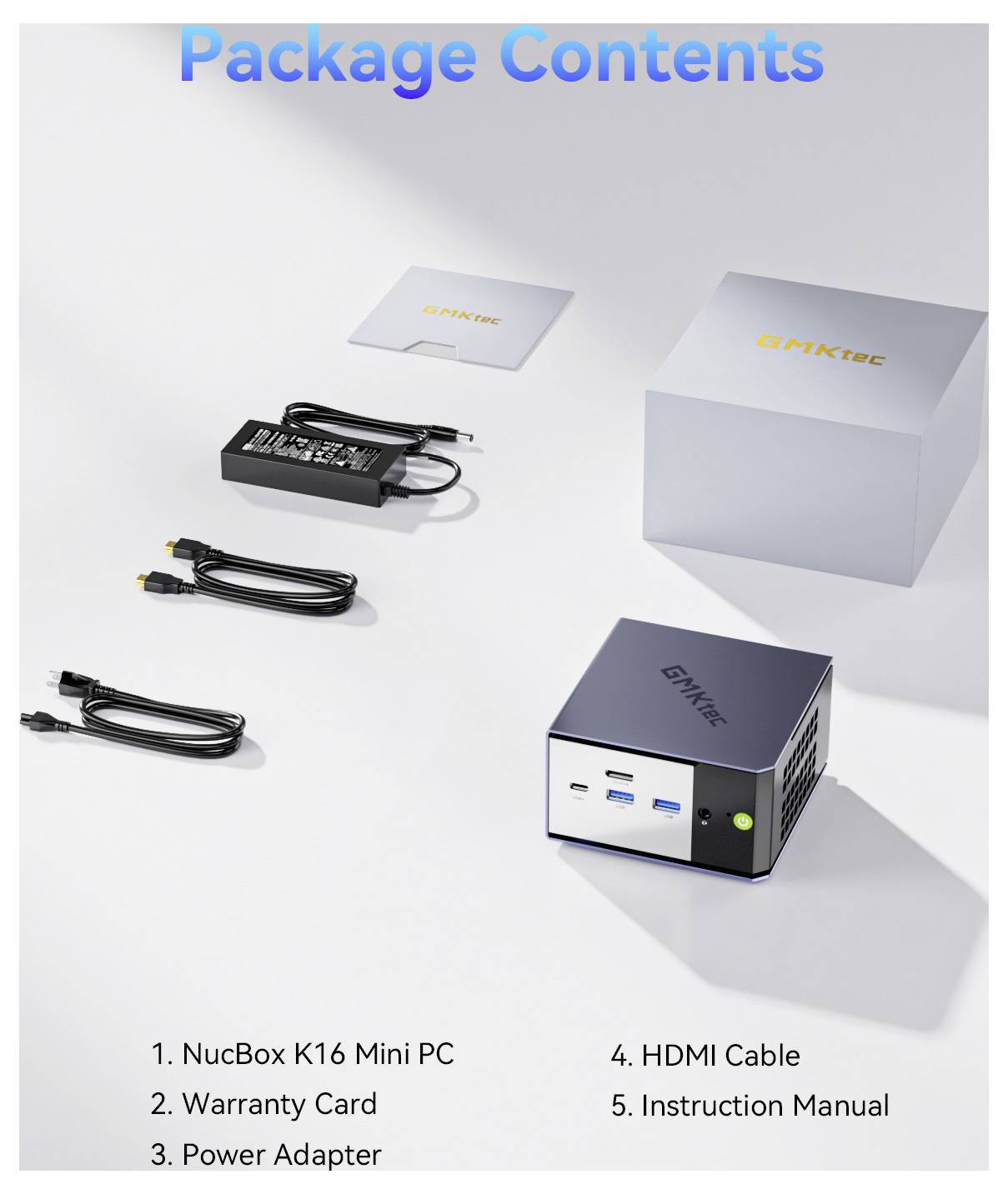 Paketinhalt-Bild zeigt einen NucBox K16 Mini-PC, eine Garantiekarte, ein Netzteil, ein HDMI-Kabel und eine Bedienungsanleitung.