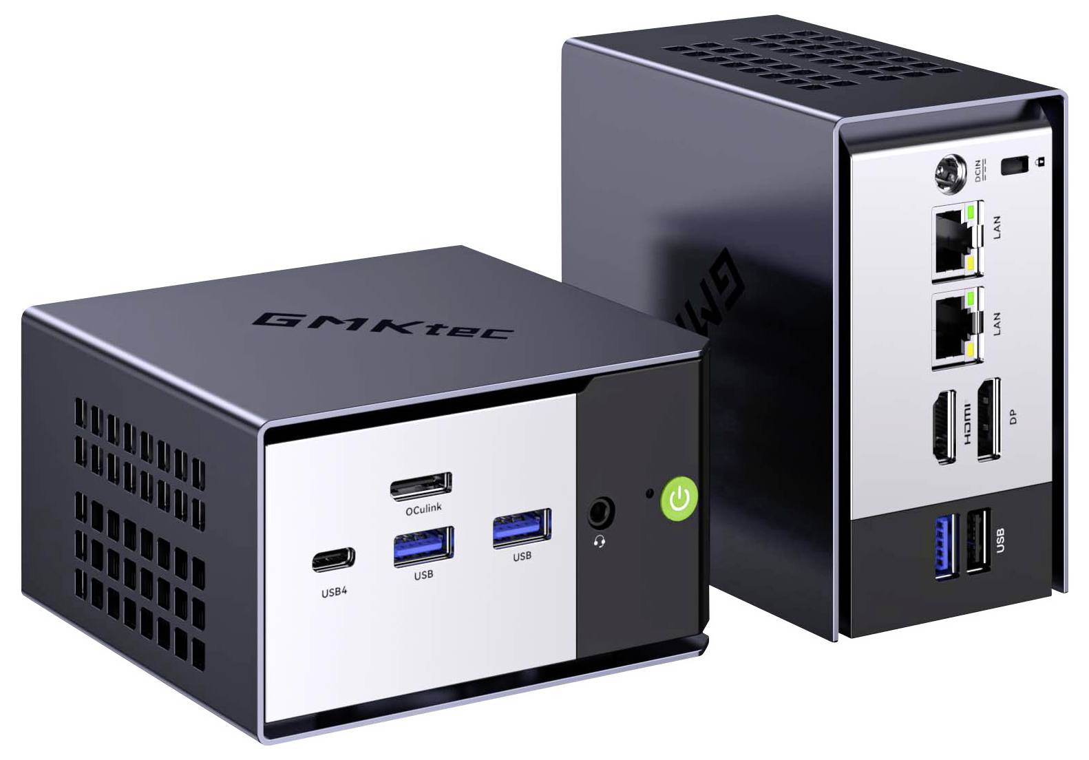 Zwei kompakte schwarze Mini-PCs von vorne und hinten gezeigt, mit sichtbaren USB-C-, USB-A-, HDMI-, Ethernet-, Audio- und Stromschalter-Anschlüssen.
