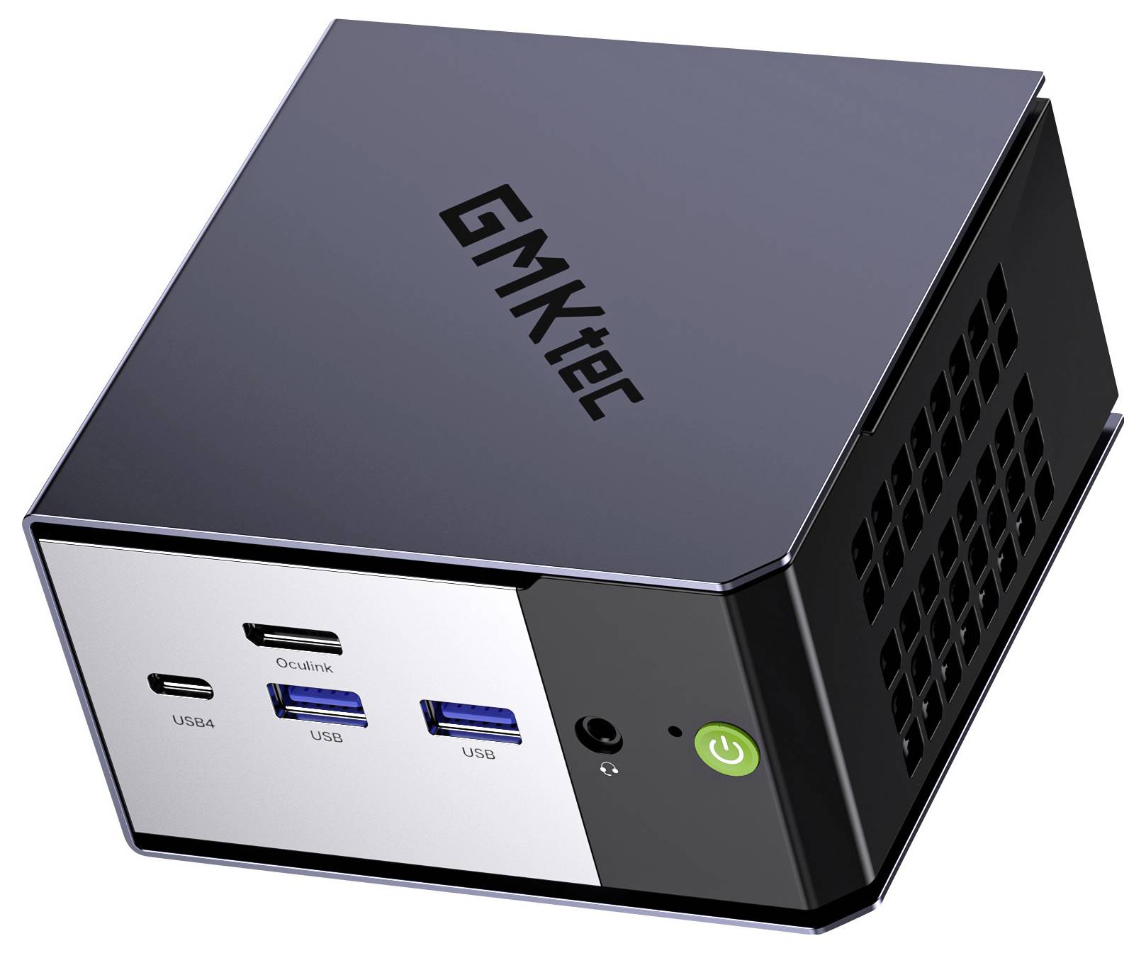 Kompakter schwarzer GMKtec Mini-PC von oben gezeigt, mit vorderem USB-C, USB-A, zwei USB-Anschlüssen, Audiobuchse und Ein-/Ausschalter.
