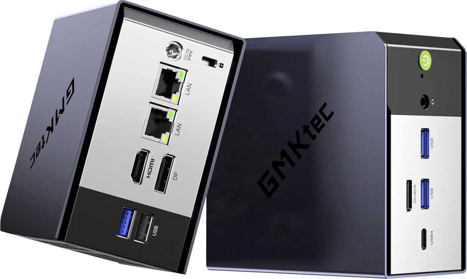Zwei GEEKTEK Mini-PCs, von vorne und hinten gezeigt, mit Ethernet-Anschlüssen, USB-Anschlüssen, HDMI und einem Netzschalter.