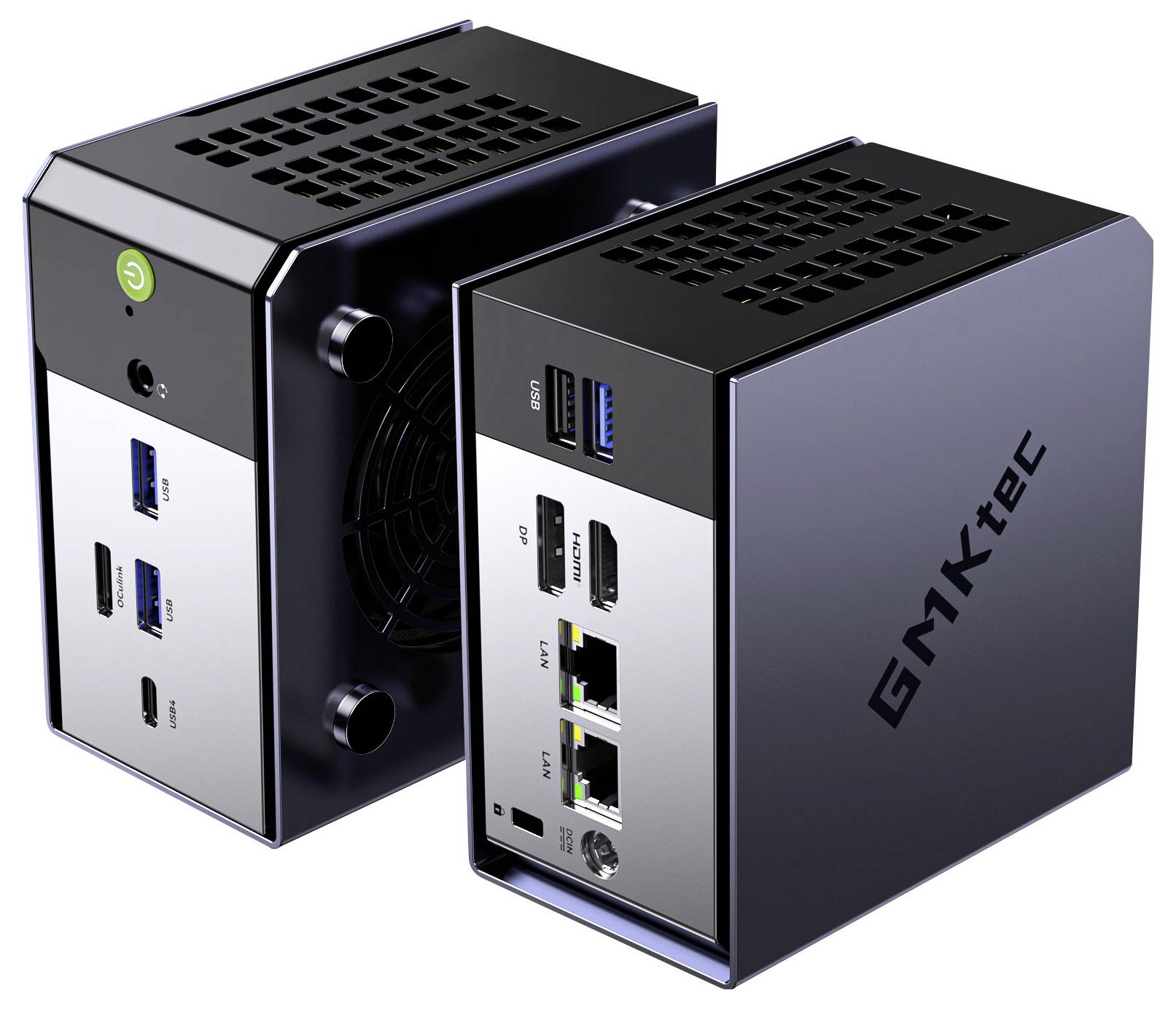 Zwei kompakte schwarze Mini-PCs nebeneinander angezeigt, jeder mit belüfteter Oberseite und nach vorne gerichteten Anschlüssen, darunter USB, HDMI, Ethernet und Netzschalter.