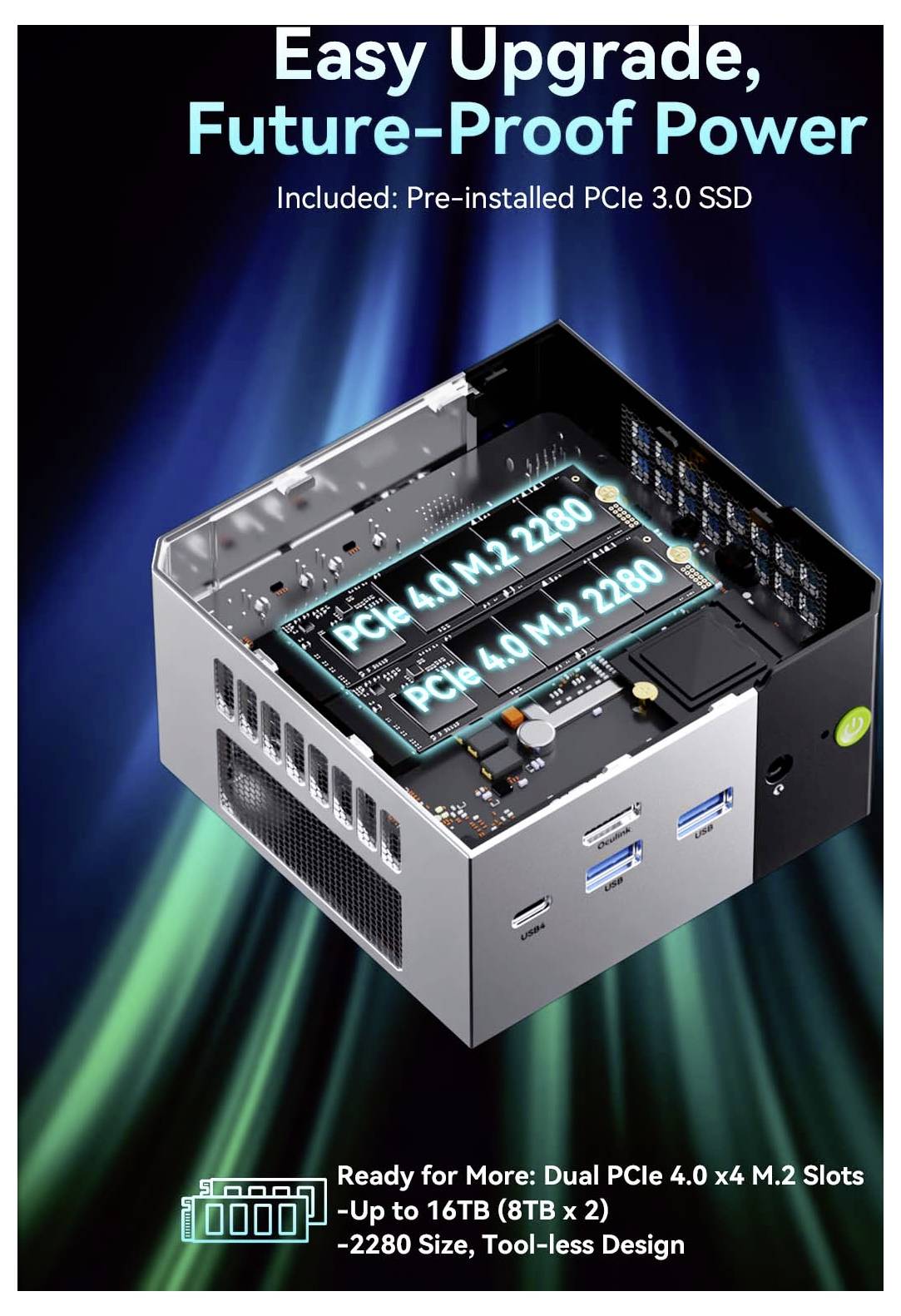 Werbebild eines kompakten PCs mit zwei PCIe 4.0 M.2 2280 SSD-Steckplätzen, mit dem Text „Einfaches Upgrade, zukunftssichere Leistung